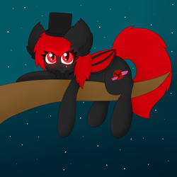 Size: 2000x2000 | Tagged: safe, artist:miss-jessiie, oc, oc only, oc:red moon hawk, species:bat pony, species:pony, bow tie, clothing, ear fluff, hat, solo, top hat