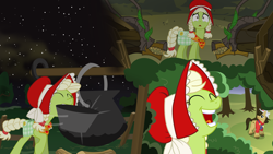Size: 3840x2160 | Tagged: safe, artist:eagle1division, character:granny smith, species:pony, ask mars pony, bonnet, clothing, everfree forest, female, hat, laughing, mare, montage, mouth hold, night sky, pot, scared, stars, timber wolf, vector, wide eyes, young granny smith, younger