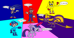 Size: 2392x1248 | Tagged: safe, artist:killerbug2357, character:sonic the hedgehog, character:twilight sparkle, character:twilight sparkle (alicorn), species:alicorn, species:pony, 1000 hours in ms paint, capcom, catchphrase, crossover, female, mare, mario, megaman, ms paint, namco, nintendo, pac-man, sega, sonic the hedgehog (series), spyro the dragon, super mario bros.