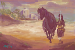 Size: 1500x1000 | Tagged: safe, artist:explonova, character:twilight sparkle, species:human, desert, horse, humanized, sword, tulwar