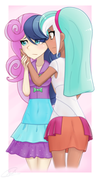 Size: 1080x1920 | Tagged: safe, artist:slackerburst, character:bon bon, character:lyra heartstrings, character:sweetie drops, species:human, ship:lyrabon, episode:life is a runway, g4, my little pony: equestria girls, clothing, dark skin, dress, equestria girls outfit, female, humanized, lesbian, shipping, skirt