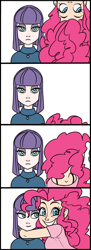 Size: 800x2200 | Tagged: safe, artist:thelivingmachine02, character:maud pie, character:pinkie pie, species:human, 4koma, comic, cute, female, grin, hug, humanized, photo booth, sisters, smiling, upside down, when she smiles