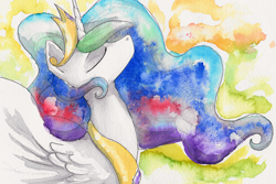 Size: 2560x1707 | Tagged: safe, artist:ruby, character:princess celestia, eyes closed, female, solo, traditional art, watercolor painting