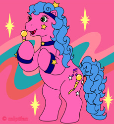 Size: 2496x2712 | Tagged: source needed, safe, artist:calusariac, character:melody, species:earth pony, species:pony, g1, my little pony tales, bipedal, bracelet, choker, cute, female, headband, hoof hold, mare, melobetes, needs more saturation, open mouth, smiling, solo