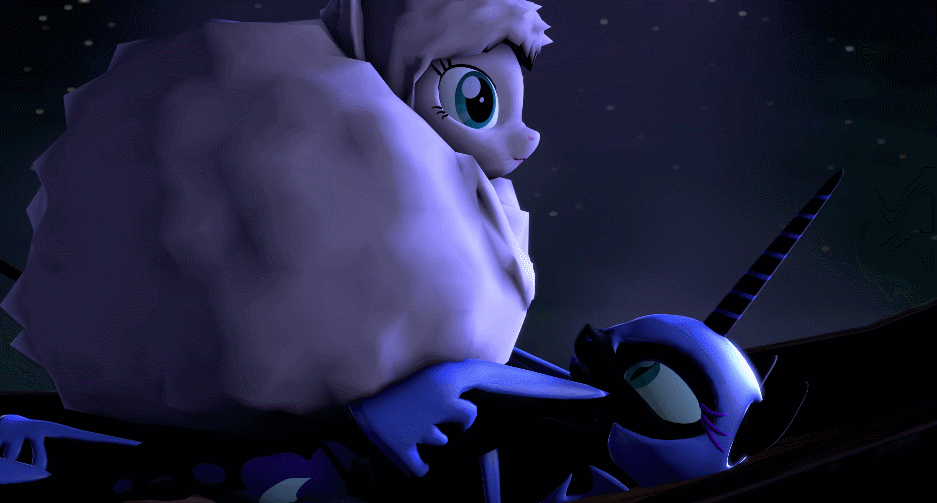 Size: 937x503 | Tagged: safe, artist:argodaemon, character:nightmare moon, character:princess luna, oc, oc:fluffle puff, 3d, absurd gif size, animated, blep, boop, cloud, floating, frown, glare, i must go, luna's banishment, night, on back, s1 luna, smiling, source filmmaker, stars, tongue out, wide eyes