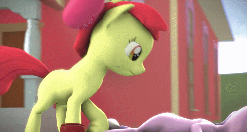 Size: 937x503 | Tagged: safe, artist:argodaemon, character:apple bloom, character:diamond tiara, species:earth pony, species:pony, 3d, animated, cutiespark, eyes closed, female, filly, raspberry, source filmmaker, tiarabuse, tongue out, youtube link
