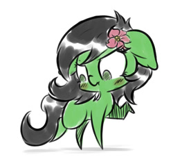 Size: 1063x1003 | Tagged: safe, artist:krucification, oc, oc only, oc:filly anon, species:pony, age regression, blushing, chibi, female, filly, flower, flower in hair, implied transformation, implied transgender transformation, pointy ponies, scrunchy face, simple background, solo, white background