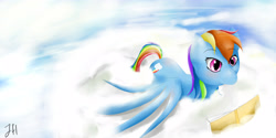 Size: 4000x2000 | Tagged: safe, artist:dashy21, character:rainbow dash, species:pegasus, species:pony, book, cloud, cloudy, female, mare, prone, reading, signature, sky, solo