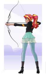 Size: 1536x2496 | Tagged: safe, artist:slackerburst, character:sunset shimmer, species:human, equestria girls:friendship games, g4, my little pony: equestria girls, my little pony:equestria girls, aiming, archer, archery, arrow, boots, bow (weapon), bow and arrow, clothing, dark skin, female, humanized, ponytail, shoes, simple background, skirt, solo