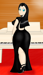 Size: 4000x7000 | Tagged: safe, artist:thepianistmare, oc, oc only, oc:klavinova, species:human, ass, black hair, blue eyes, chubby, clothing, curvy, dress, fat, gala dress, humanized, iphone wallpaper, large butt, phone wallpaper, piano, plump, solo, the ass was fat