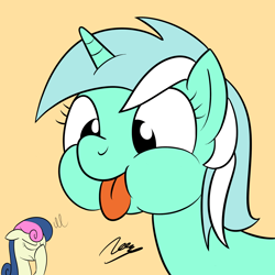 Size: 2000x2000 | Tagged: safe, artist:soulfulmirror, character:bon bon, character:lyra heartstrings, character:sweetie drops, species:earth pony, species:pony, species:unicorn, blep, bon bon is not amused, cute, eyes closed, facehoof, female, floppy ears, frown, gradient background, lyrabetes, mare, puffy cheeks, silly, silly face, silly pony, simple background, smiling, tongue out, unamused, yellow background
