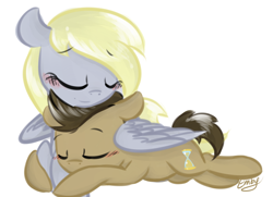 Size: 1280x929 | Tagged: safe, artist:lilliesinthegarden, character:derpy hooves, character:doctor whooves, character:time turner, species:earth pony, species:pegasus, species:pony, ship:doctorderpy, blushing, cuddling, eyes closed, female, male, mare, prone, shipping, snuggling, stallion, straight