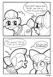 Size: 689x1000 | Tagged: safe, artist:abronyaccount, character:apple bloom, character:apple strudel, character:granny smith, species:earth pony, species:pony, apple family member, black and white, comic, dialogue, duo, female, filly, florida, foal, grandmother, grandmother and grandchild, grandmother and granddaughter, grayscale, lineart, mare, monochrome, simple background, speech bubble, white background