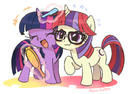 Size: 600x442 | Tagged: safe, artist:akira bano, character:moondancer, character:twilight sparkle, species:pony, species:unicorn, :3, blushing, brush, brushie, brushing, cute, dancerbetes, eyes closed, female, filly, glasses, magic, mirror, open mouth, smiling, twiabetes, younger