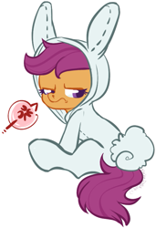 Size: 549x801 | Tagged: dead source, safe, artist:clovercoin, character:scootaloo, species:pegasus, species:pony, bunny costume, bunny pajamas, bunnyloo, clothing, cross-popping veins, pictogram, simple background, unamused, white background