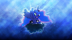 Size: 2560x1440 | Tagged: safe, artist:shaakuras, artist:somepony, character:princess luna, species:alicorn, species:pony, episode:luna eclipsed, g4, my little pony: friendship is magic, abstract background, blue background, cloud, cloudy, cutie mark, female, happy, hooves, horn, jewelry, lying on a cloud, mare, on a cloud, open mouth, prone, regalia, sitting on a cloud, solo, spread wings, tiara, vector, wallpaper, wings