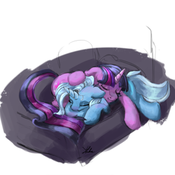 Size: 1200x1200 | Tagged: safe, artist:xenstroke, character:trixie, character:twilight sparkle, species:pony, ship:twixie, female, lesbian, shipping, sleeping