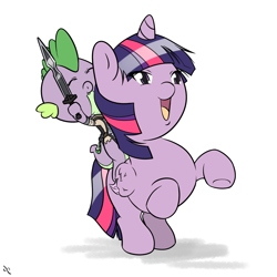 Size: 1500x1500 | Tagged: safe, artist:doggonepony, character:spike, character:twilight sparkle, character:twilight sparkle (alicorn), species:alicorn, species:pony, agro, clothing, costume, crossover, duo, female, halloween, mare, nightmare night costume, rearing, riding, shadow of the colossus, wander, weapon