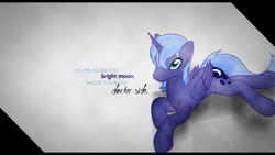 Size: 1920x1080 | Tagged: safe, artist:overmarex, artist:sokolas, character:princess luna, alternate hairstyle, female, lying down, prone, quote, render, s1 luna, solo, sploot