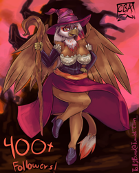 Size: 1700x2100 | Tagged: safe, artist:checkerboardazn, artist:tallyburd, oc, oc only, oc:talisa pierce, species:anthro, species:griffon, big breasts, breasts, cleavage, collaboration, dragon's crown, female, milestone celebration, nightmare night, solo, tumblr, witch
