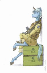 Size: 522x800 | Tagged: dead source, safe, artist:adeptus-monitus, character:trixie, species:anthro, species:pony, species:unguligrade anthro, species:unicorn, alternate hairstyle, army, assault rifle, automatic rifle, bipedal, box, clothing, eyes closed, female, gun, hoers, mare, military, military uniform, nap, profile, rifle, simple background, sitting, sleeping, solo, uniform, weapon, white background