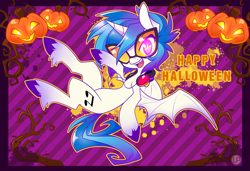 Size: 900x616 | Tagged: safe, artist:lolopan, character:dj pon-3, character:vinyl scratch, species:bat pony, species:pony, species:unicorn, abstract background, bat wings, colored hooves, cutie mark, fangs, female, glasses, halloween, holiday, hooves, horn, jack-o-lantern, looking at you, mare, open mouth, pumpkin, solo, spread wings, sunglasses, text, vampire, vinyl the vampire, wings