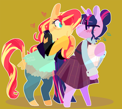 Size: 1000x893 | Tagged: safe, artist:stevetwisp, character:sunset shimmer, character:twilight sparkle, character:twilight sparkle (scitwi), species:pony, species:unicorn, ship:scitwishimmer, ship:sunsetsparkle, equestria girls:friendship games, g4, my little pony: equestria girls, my little pony:equestria girls, bipedal, blushing, clothing, cute, equestria girls ponified, female, glasses, heart, lesbian, ponified, shipping, unicorn sci-twi