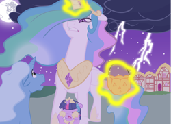 Size: 3623x2628 | Tagged: safe, artist:bri-sta, artist:somepony, character:princess celestia, character:twilight sparkle, angry, costume, crying, female, filly, filly twilight sparkle, high res, lightning, mama bear, momlestia, moon, nightmare night, this will end in tears and/or a journey to the moon, younger