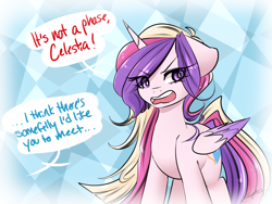 Size: 1280x960 | Tagged: safe, artist:sugarberry, character:princess cadance, alternate hairstyle, ask-cadance, colored wings, colored wingtips, dialogue, female, floppy ears, implied princess celestia, long hair, offscreen character, solo, speech bubble