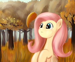 Size: 1319x1100 | Tagged: safe, artist:sokolas, character:fluttershy, species:pony, autumn, cute, female, leaf, mare, shyabetes, solo