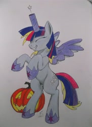 Size: 3072x4224 | Tagged: safe, artist:scribblepwn3, character:derpy hooves, species:pegasus, species:pony, episode:scare master, g4, my little pony: friendship is magic, alicorn costume, clothing, colored pencil drawing, costume, eyes closed, fake horn, fake wings, female, halloween, horseshoes, jack-o-lantern, nightmare night, nightmare night costume, pen, rearing, solo, toilet paper roll, toilet paper roll horn, traditional art, twilight muffins, wig