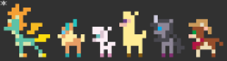 Size: 472x128 | Tagged: safe, artist:parallel black, community related, character:arizona cow, character:oleander, character:paprika paca, character:pom lamb, character:tianhuo, character:velvet reindeer, species:alpaca, species:classical unicorn, species:cow, species:deer, species:longma, species:reindeer, species:sheep, them's fightin' herds, fightin' six, lamb, leonine tail, pixel art, tiny pixel ponies