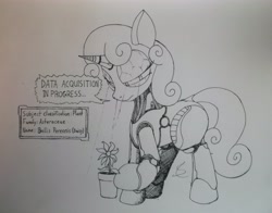 Size: 4108x3216 | Tagged: safe, artist:scribblepwn3, character:sweetie belle, species:pony, species:unicorn, sweetie bot, black and white, blank flank, female, filly, flower, foal, grayscale, hooves, horn, monochrome, pen drawing, robot, robot pony, scan, simple background, solo, text, traditional art, white background
