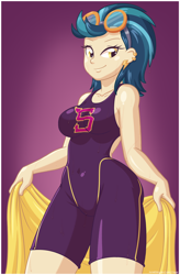 Size: 1048x1600 | Tagged: safe, artist:rapps, character:indigo zap, equestria girls:friendship games, g4, my little pony: equestria girls, my little pony:equestria girls, breasts, busty indigo zap, clothing, crystal prep academy, crystal prep shadowbolts, earring, explicit source, female, goggles, looking at you, one-piece swimsuit, piercing, shadowbolts swimsuit, solo, swimsuit, towel, wet