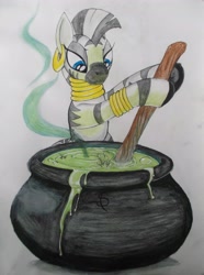 Size: 3148x4239 | Tagged: safe, artist:scribblepwn3, character:zecora, species:zebra, cauldron, colored, female, pen drawing, potion, solo, stick, stirring, traditional art, watercolor painting