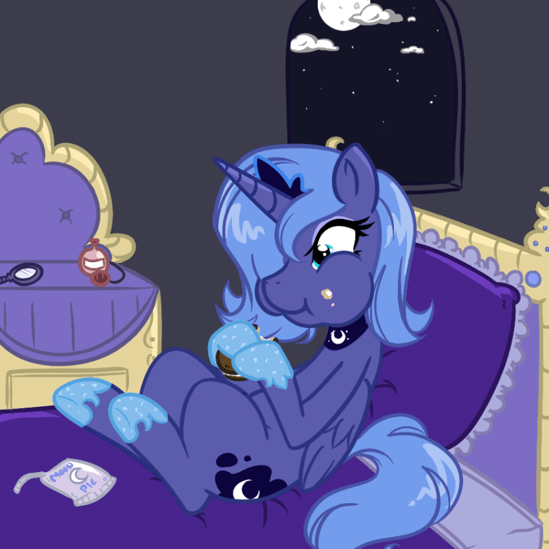 Size: 800x800 | Tagged: safe, artist:bamboodog, character:princess luna, species:alicorn, species:pony, animated, bed, chewing, crown, cute, cutie mark, eating, female, filly, gif, jewelry, mirror, moon, moon pie, night, nom, perfume, regalia, s1 luna, solo, stars, window, woona, wrapper, younger