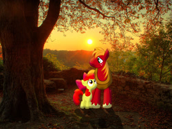 Size: 2560x1920 | Tagged: safe, artist:mr-kennedy92, artist:myardius, artist:waranto, character:apple bloom, character:big mcintosh, species:earth pony, species:pony, irl, male, photo, ponies in real life, shadow, siblings, stallion, stone wall, sunset, tree, vector