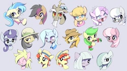 Size: 1023x575 | Tagged: dead source, safe, artist:skippy_the_moon, character:allie way, character:apple fritter, character:braeburn, character:cheerilee, character:daring do, character:diamond tiara, character:discord, character:flam, character:flim, character:limestone pie, character:marble pie, character:moonlight raven, character:ms. harshwhinny, character:silver spoon, character:stellar eclipse, character:sunshine smiles, character:trixie, species:pony, species:unicorn, episode:hearthbreakers, g4, my little pony: friendship is magic, apple family member, female, glasses, mare