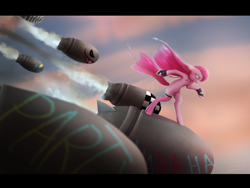Size: 3460x2599 | Tagged: safe, artist:doekitty, character:pinkamena diane pie, character:pinkie pie, bomb, crossover, female, jinx (league of legends), league of legends, ponified, semi-anthro, solo, weapon