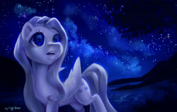 Size: 2200x1400 | Tagged: safe, artist:my-magic-dream, character:fluttershy, eye reflection, female, lake, looking up, night, open mouth, reflection, solo, stars, tree, water