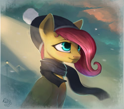Size: 1280x1121 | Tagged: safe, artist:rain-gear, character:fluttershy, clothing, female, hat, scarf, solo, winter