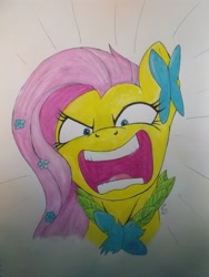 Size: 3216x4288 | Tagged: safe, artist:scribblepwn3, character:fluttershy, season 1, angry, female, flutterrage, frustrated, grand galloping gala, pen drawing, portrait, scene interpretation, solo, traditional art, watercolor painting, you're going to love me