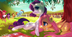 Size: 2700x1400 | Tagged: safe, artist:my-magic-dream, character:applejack, character:fluttershy, character:pinkie pie, character:rainbow dash, character:rarity, character:twilight sparkle, bandaid, comforting, crying, injured, mane six, picnic, picnic basket, picnic blanket, shade
