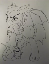 Size: 2967x3820 | Tagged: safe, artist:scribblepwn3, character:rainbow dash, species:bat pony, species:pegasus, species:pony, episode:the cutie re-mark, alternate hairstyle, alternate timeline, armor, female, guard, mare, monochrome, night guard, night guard dash, nightmare takeover timeline, pen drawing, signature, sketch, solo, spread wings, traditional art, wings