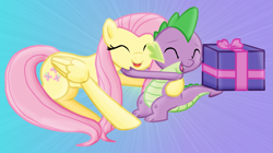 Size: 1099x614 | Tagged: safe, artist:majkashinoda626, character:fluttershy, character:spike, ship:flutterspike, episode:secret of my excess, g4, my little pony: friendship is magic, female, hug, male, present, shipping, straight