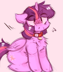 Size: 441x504 | Tagged: dead source, safe, artist:toroitimu, character:twilight sparkle, character:twilight sparkle (alicorn), species:alicorn, species:pony, chest fluff, collar, cute, eye clipping through hair, eyebrows, eyebrows visible through hair, female, leg fluff, mare, pet, pet tag, pink background, simple background, solo, sweat, sweatdrop, twi pet, twiabetes