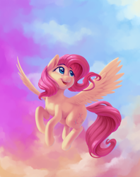 Size: 2850x3600 | Tagged: safe, artist:verulence, character:fluttershy, species:pegasus, species:pony, cloud, cute, featured on derpibooru, female, flying, head turn, high res, looking away, looking up, mare, open mouth, raised hoof, shyabetes, sky, smiling, solo, spread wings, wings