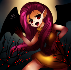 Size: 900x894 | Tagged: safe, artist:jacky-bunny, character:flutterbat, character:fluttershy, species:bat pony, species:human, bat wings, clothing, dress, female, humanized, solo, winged humanization
