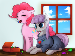 Size: 1023x772 | Tagged: safe, artist:hosikawa, character:maud pie, character:pinkie pie, indoors, necklace, rock candy, rock candy necklace, sisters