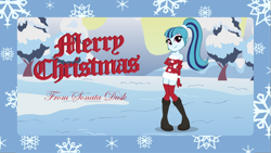 Size: 1920x1080 | Tagged: safe, artist:doctor-g, character:sonata dusk, my little pony:equestria girls, christmas card, clothing, female, hat, santa costume, santa hat, smiling, snow, socks, solo, thigh highs, winter